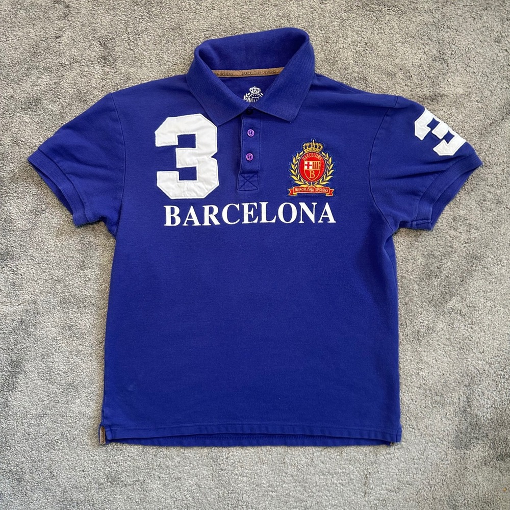 Barcelona Designs Polo Shirt Mens Medium Blue Short Sleeve Crest Graphic 3